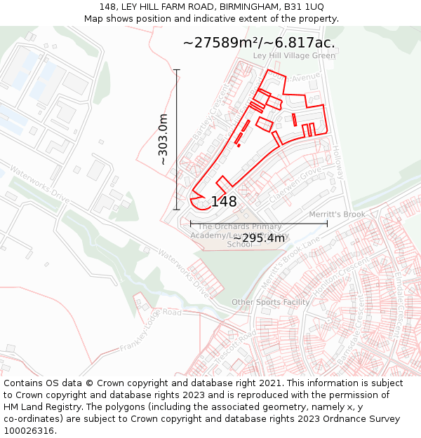 148, LEY HILL FARM ROAD, BIRMINGHAM, B31 1UQ: Plot and title map