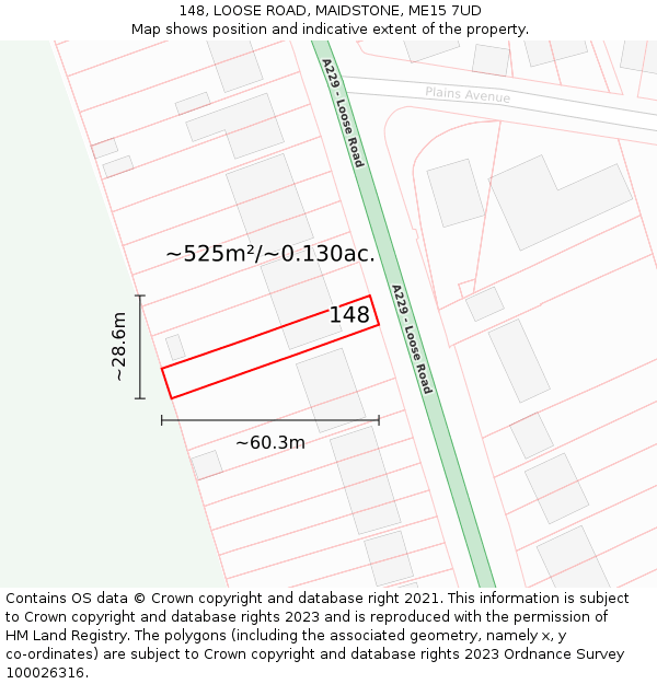148, LOOSE ROAD, MAIDSTONE, ME15 7UD: Plot and title map