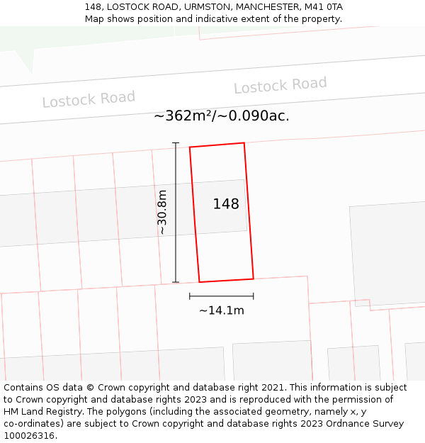 148, LOSTOCK ROAD, URMSTON, MANCHESTER, M41 0TA: Plot and title map