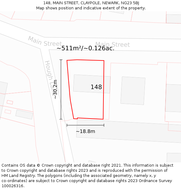 148, MAIN STREET, CLAYPOLE, NEWARK, NG23 5BJ: Plot and title map