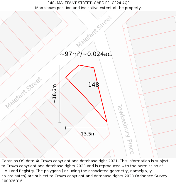 148, MALEFANT STREET, CARDIFF, CF24 4QF: Plot and title map