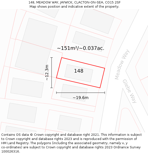 148, MEADOW WAY, JAYWICK, CLACTON-ON-SEA, CO15 2SF: Plot and title map