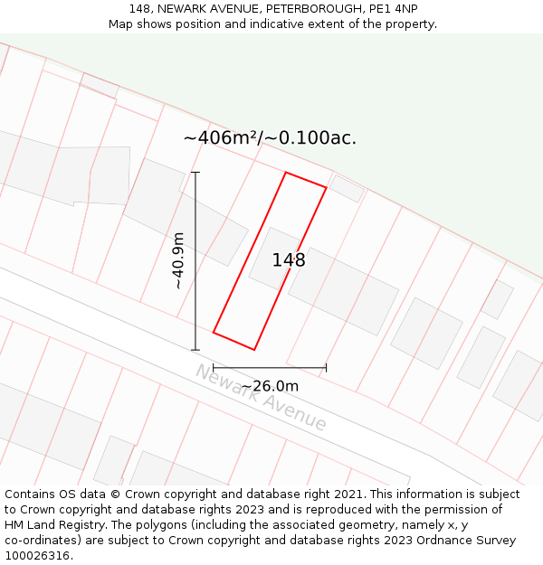 148, NEWARK AVENUE, PETERBOROUGH, PE1 4NP: Plot and title map