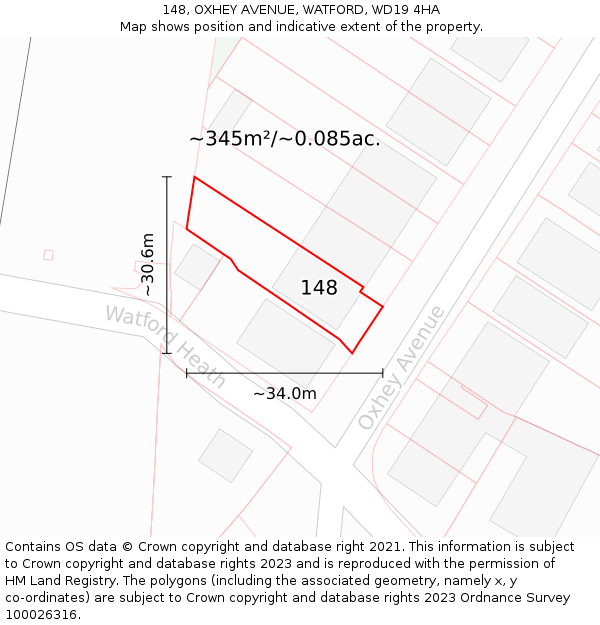 148, OXHEY AVENUE, WATFORD, WD19 4HA: Plot and title map