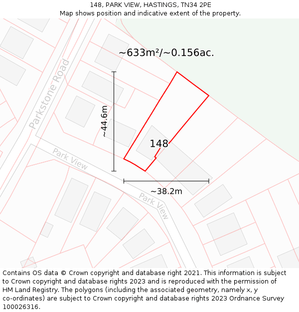 148, PARK VIEW, HASTINGS, TN34 2PE: Plot and title map