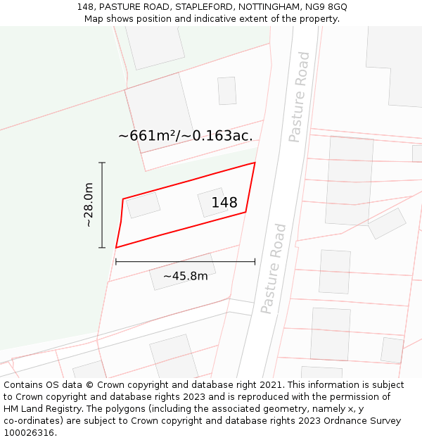 148, PASTURE ROAD, STAPLEFORD, NOTTINGHAM, NG9 8GQ: Plot and title map