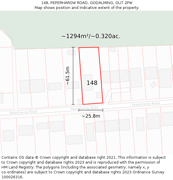 148, PEPERHAROW ROAD, GODALMING, GU7 2PW: Plot and title map