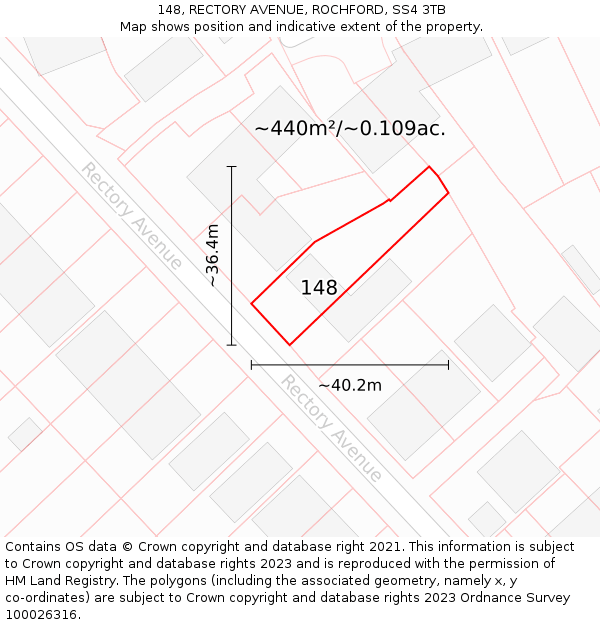 148, RECTORY AVENUE, ROCHFORD, SS4 3TB: Plot and title map