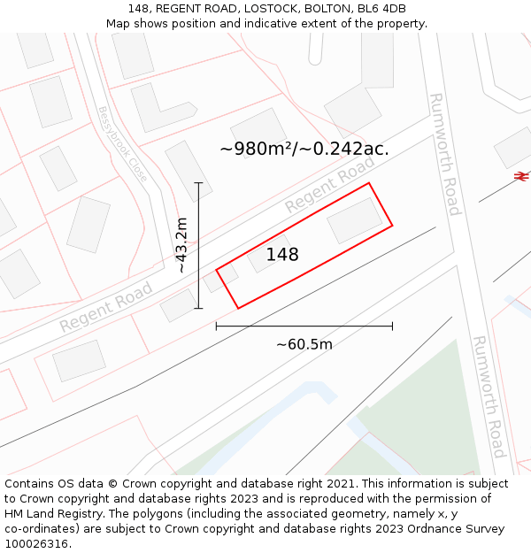 148, REGENT ROAD, LOSTOCK, BOLTON, BL6 4DB: Plot and title map