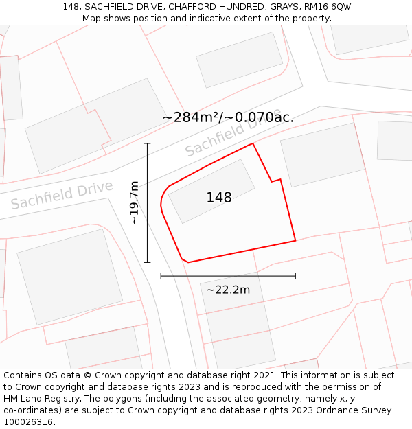 148, SACHFIELD DRIVE, CHAFFORD HUNDRED, GRAYS, RM16 6QW: Plot and title map