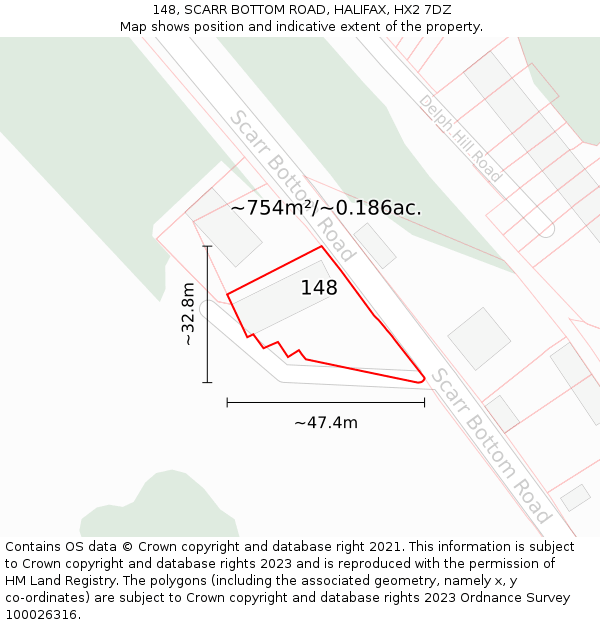 148, SCARR BOTTOM ROAD, HALIFAX, HX2 7DZ: Plot and title map