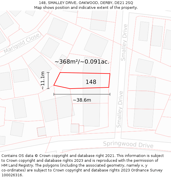 148, SMALLEY DRIVE, OAKWOOD, DERBY, DE21 2SQ: Plot and title map