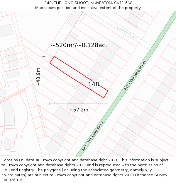 148, THE LONG SHOOT, NUNEATON, CV11 6JW: Plot and title map