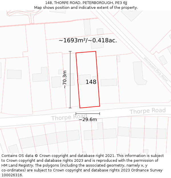 148, THORPE ROAD, PETERBOROUGH, PE3 6JJ: Plot and title map