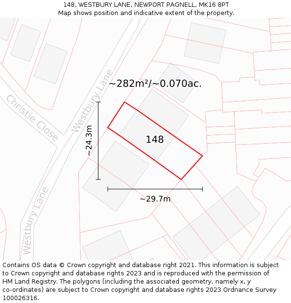 148, WESTBURY LANE, NEWPORT PAGNELL, MK16 8PT: Plot and title map