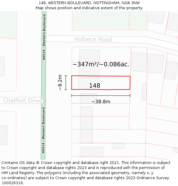 148, WESTERN BOULEVARD, NOTTINGHAM, NG8 3NW: Plot and title map