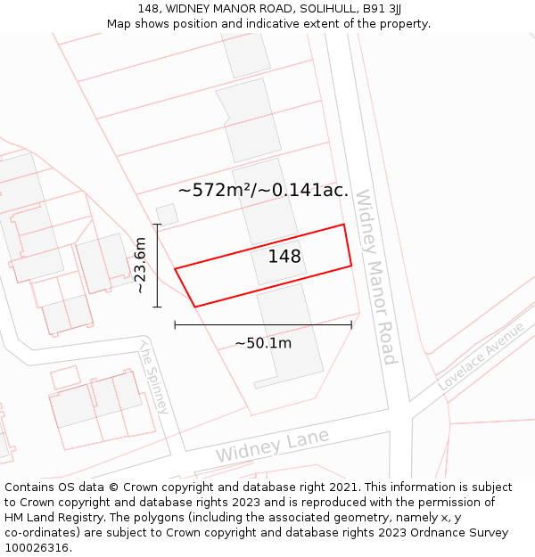 148, WIDNEY MANOR ROAD, SOLIHULL, B91 3JJ: Plot and title map