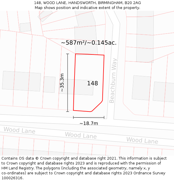 148, WOOD LANE, HANDSWORTH, BIRMINGHAM, B20 2AG: Plot and title map