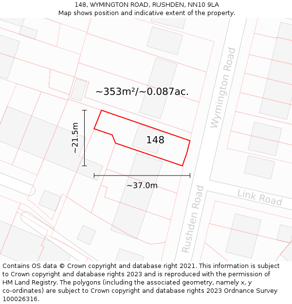 148, WYMINGTON ROAD, RUSHDEN, NN10 9LA: Plot and title map