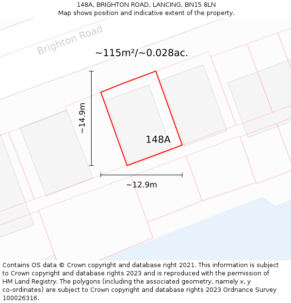 148A, BRIGHTON ROAD, LANCING, BN15 8LN: Plot and title map