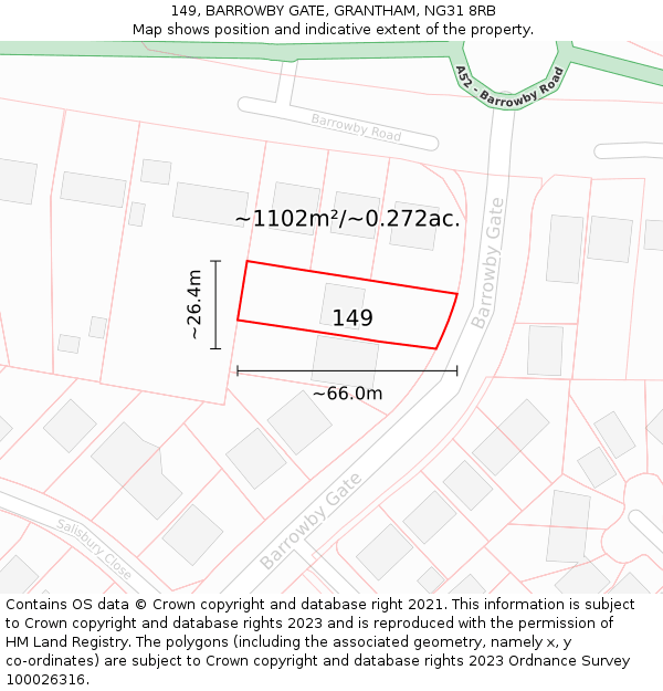 149, BARROWBY GATE, GRANTHAM, NG31 8RB: Plot and title map