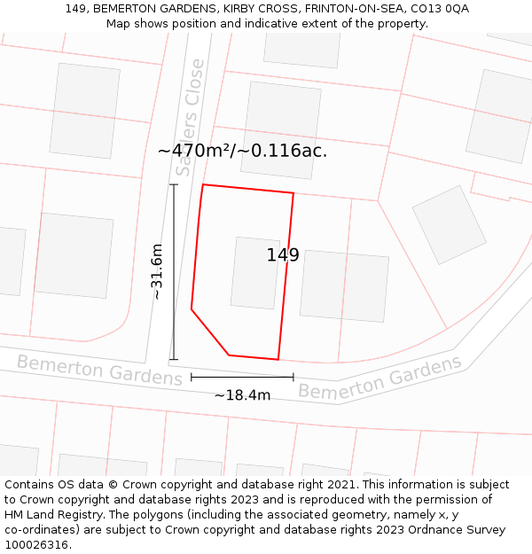 149, BEMERTON GARDENS, KIRBY CROSS, FRINTON-ON-SEA, CO13 0QA: Plot and title map