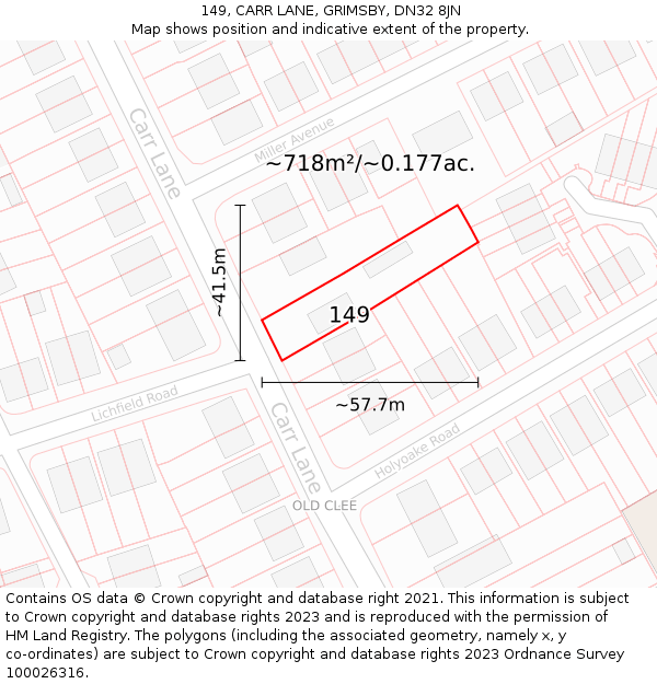 149, CARR LANE, GRIMSBY, DN32 8JN: Plot and title map