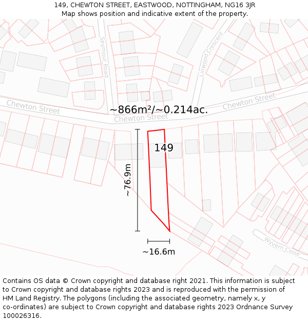 149, CHEWTON STREET, EASTWOOD, NOTTINGHAM, NG16 3JR: Plot and title map