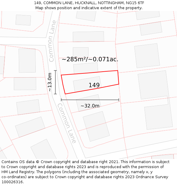 149, COMMON LANE, HUCKNALL, NOTTINGHAM, NG15 6TF: Plot and title map