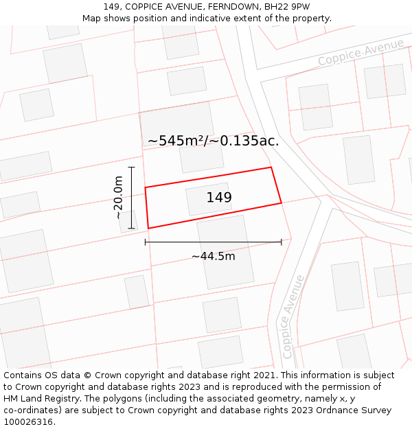 149, COPPICE AVENUE, FERNDOWN, BH22 9PW: Plot and title map