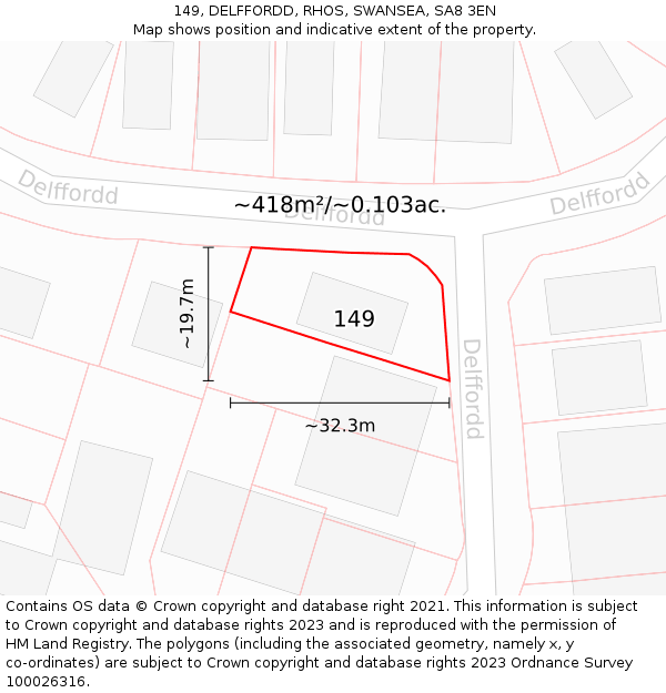 149, DELFFORDD, RHOS, SWANSEA, SA8 3EN: Plot and title map
