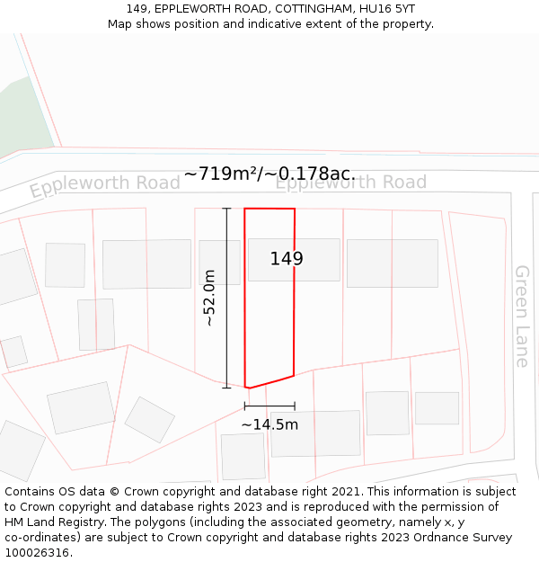 149, EPPLEWORTH ROAD, COTTINGHAM, HU16 5YT: Plot and title map