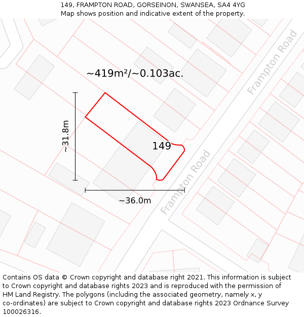 149, FRAMPTON ROAD, GORSEINON, SWANSEA, SA4 4YG: Plot and title map