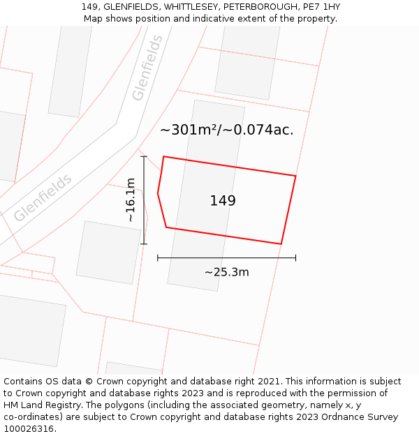 149, GLENFIELDS, WHITTLESEY, PETERBOROUGH, PE7 1HY: Plot and title map