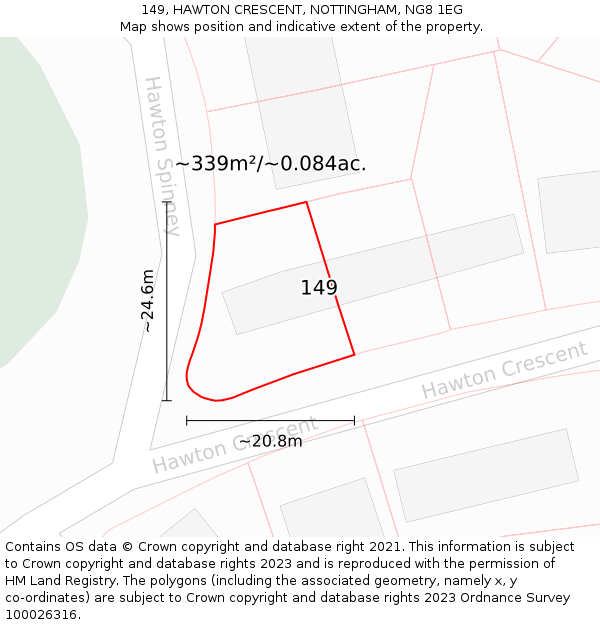 149, HAWTON CRESCENT, NOTTINGHAM, NG8 1EG: Plot and title map