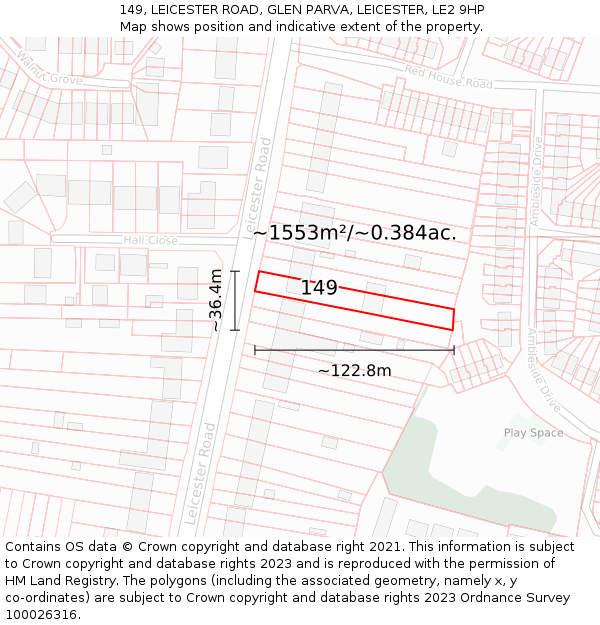 149, LEICESTER ROAD, GLEN PARVA, LEICESTER, LE2 9HP: Plot and title map