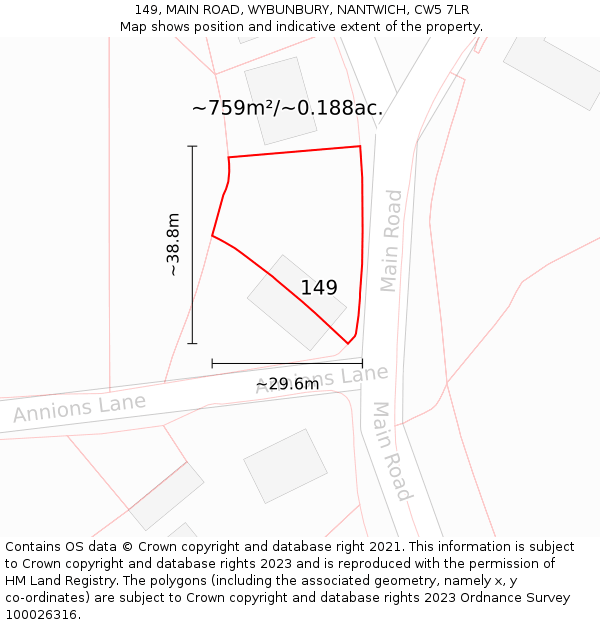 149, MAIN ROAD, WYBUNBURY, NANTWICH, CW5 7LR: Plot and title map