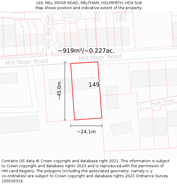 149, MILL MOOR ROAD, MELTHAM, HOLMFIRTH, HD9 5LW: Plot and title map