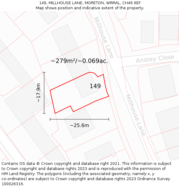 149, MILLHOUSE LANE, MORETON, WIRRAL, CH46 6EF: Plot and title map