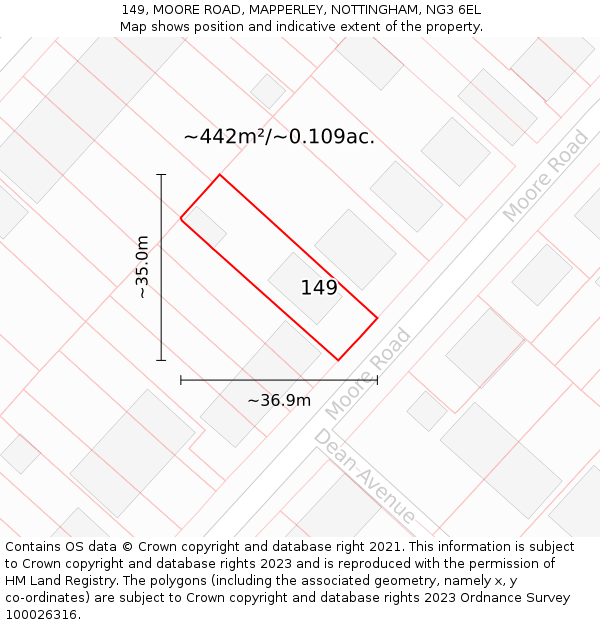 149, MOORE ROAD, MAPPERLEY, NOTTINGHAM, NG3 6EL: Plot and title map