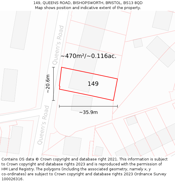 149, QUEENS ROAD, BISHOPSWORTH, BRISTOL, BS13 8QD: Plot and title map