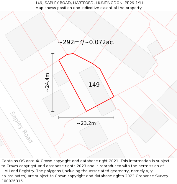 149, SAPLEY ROAD, HARTFORD, HUNTINGDON, PE29 1YH: Plot and title map