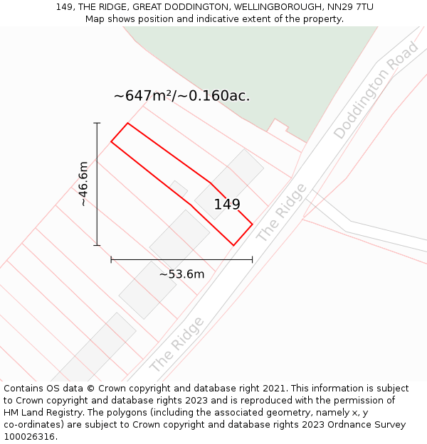 149, THE RIDGE, GREAT DODDINGTON, WELLINGBOROUGH, NN29 7TU: Plot and title map