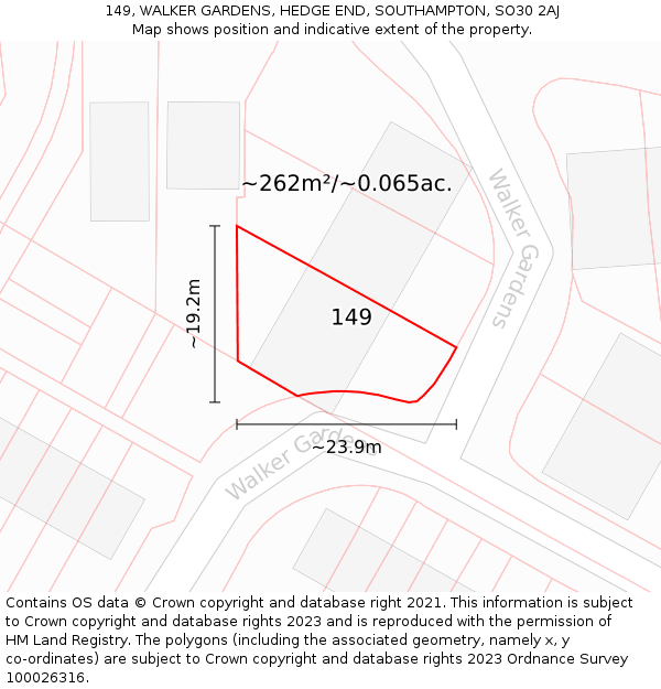 149, WALKER GARDENS, HEDGE END, SOUTHAMPTON, SO30 2AJ: Plot and title map
