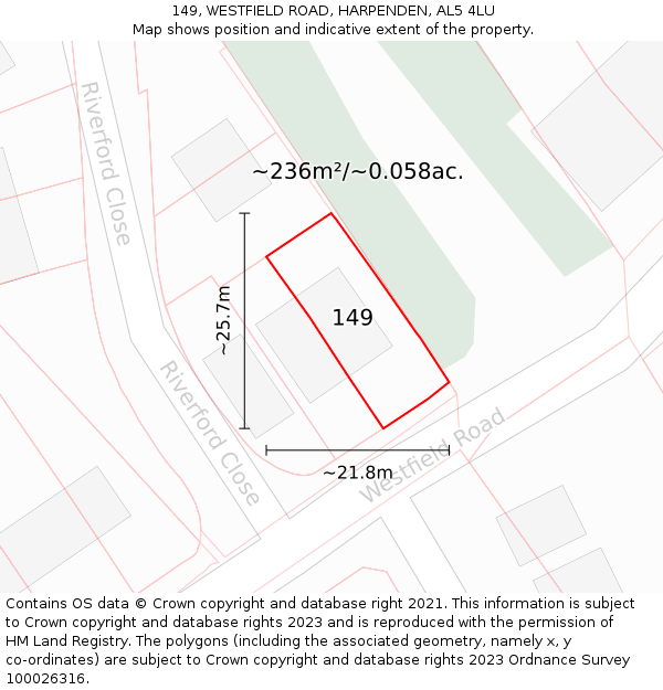 149, WESTFIELD ROAD, HARPENDEN, AL5 4LU: Plot and title map
