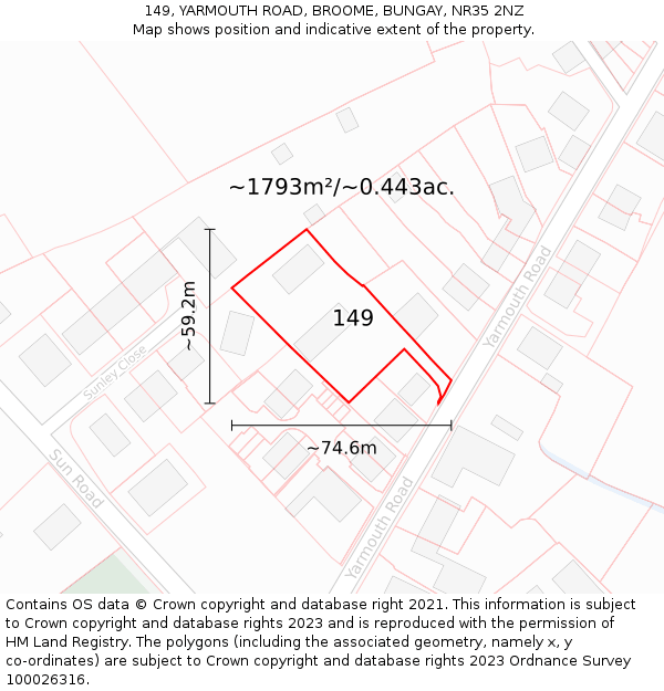 149, YARMOUTH ROAD, BROOME, BUNGAY, NR35 2NZ: Plot and title map