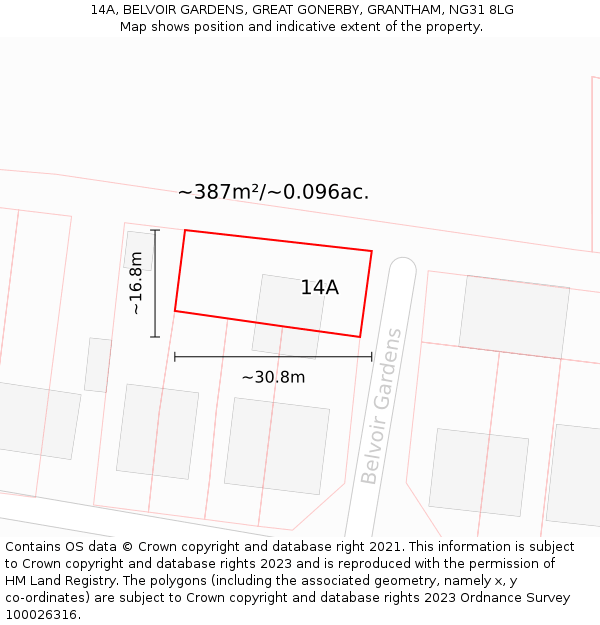 14A, BELVOIR GARDENS, GREAT GONERBY, GRANTHAM, NG31 8LG: Plot and title map