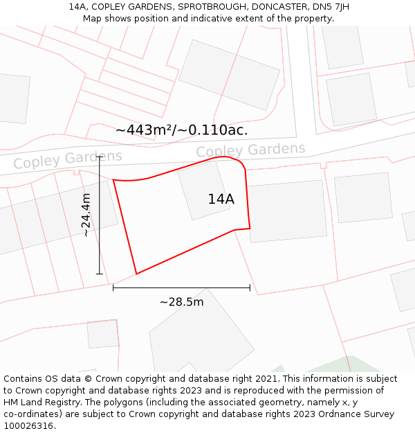 14A, COPLEY GARDENS, SPROTBROUGH, DONCASTER, DN5 7JH: Plot and title map