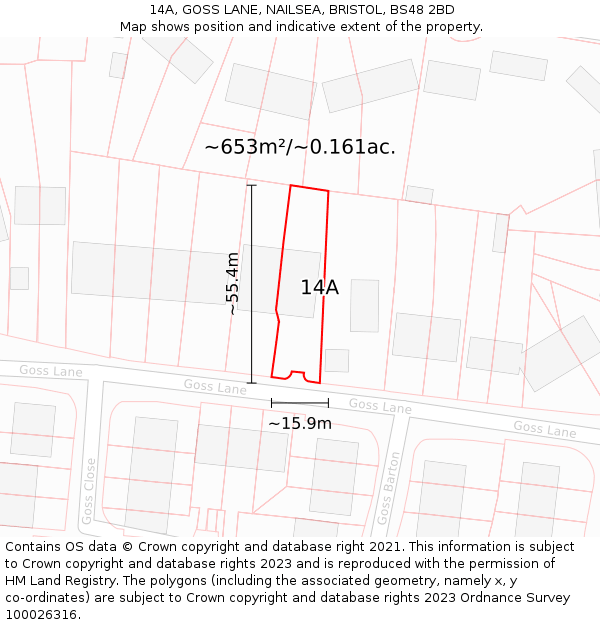 14A, GOSS LANE, NAILSEA, BRISTOL, BS48 2BD: Plot and title map