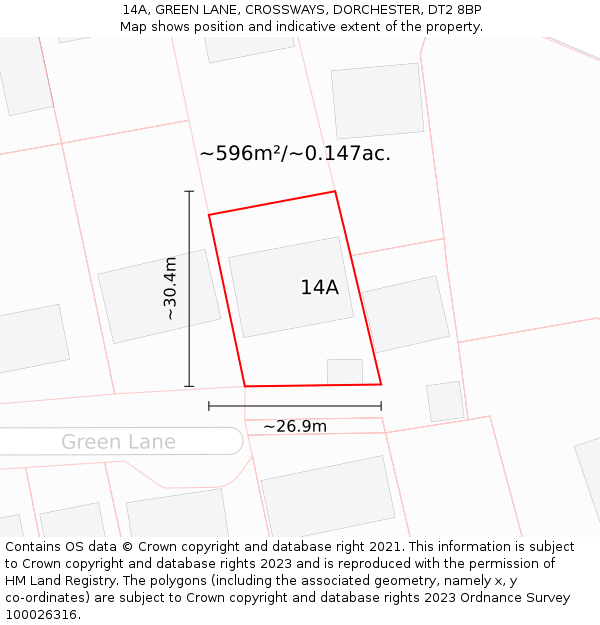 14A, GREEN LANE, CROSSWAYS, DORCHESTER, DT2 8BP: Plot and title map
